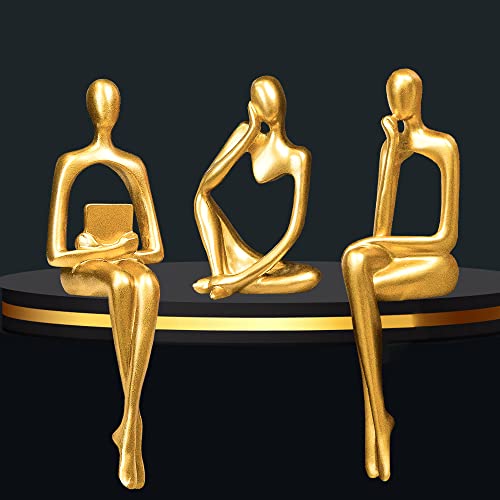 Gold Home Decor Thinker Statue Accents, Set of 3 Thinker Sculptures Office Decor Modern Abstract Resin Decoration on Shelf Table Desk for Living Room Office Bedroom (Small Gold)