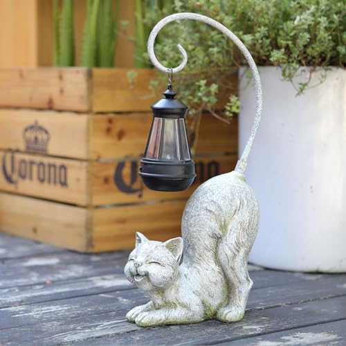 Laughing Cat Figurine with Solar-Powered LED Light, 15.7 Inches Tall Antique Bronze, Perfect for Gift Garden Decor or Housewarming for Cat Lovers.