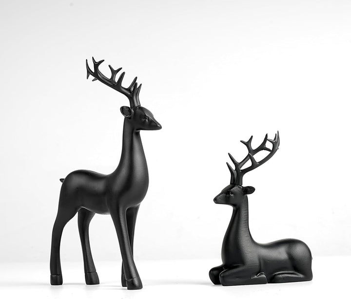 2 Pcs Christmas Reindeer Sculpture, Resin Deer Christmas Decoration, Matte Black Resin Elk Statues for Home Decor, Ideal for Living Room, Bedroom, Office, Bookshelf, and Desk Ornaments