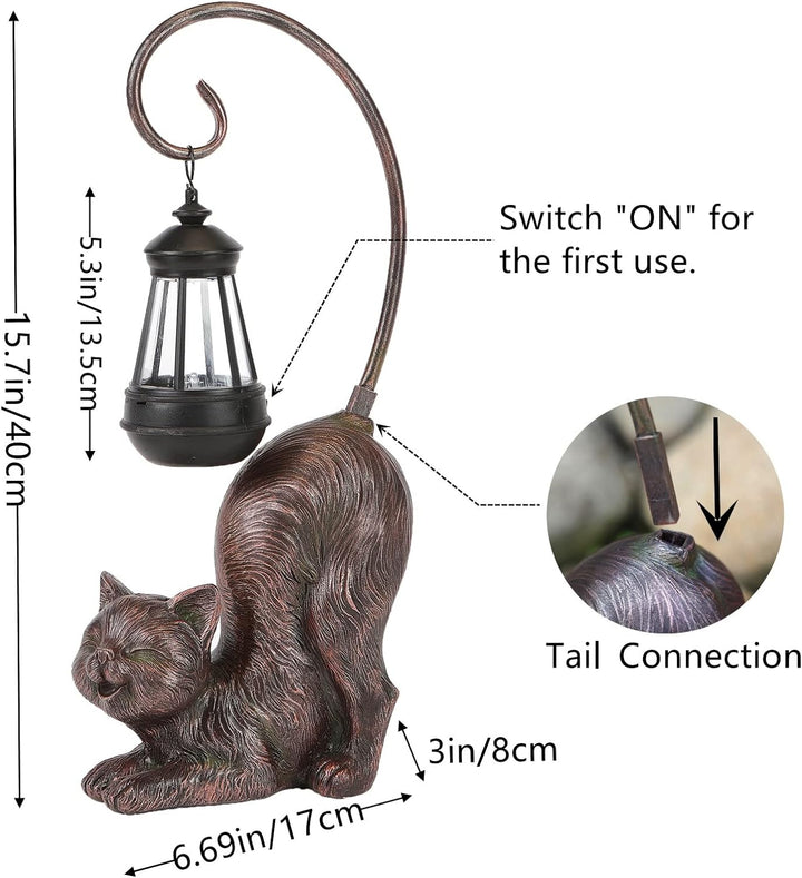 Laughing Cat Figurine with Solar-Powered LED Light, 15.7 Inches Tall Antique Bronze, Perfect for Gift Garden Decor or Housewarming for Cat Lovers.