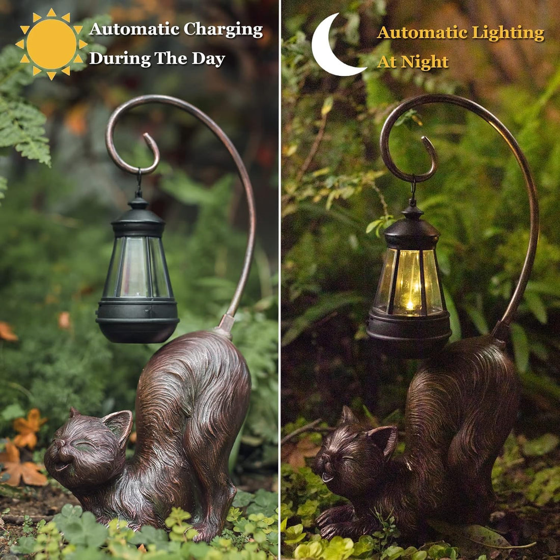 Laughing Cat Figurine with Solar-Powered LED Light, 15.7 Inches Tall Antique Bronze, Perfect for Gift Garden Decor or Housewarming for Cat Lovers.