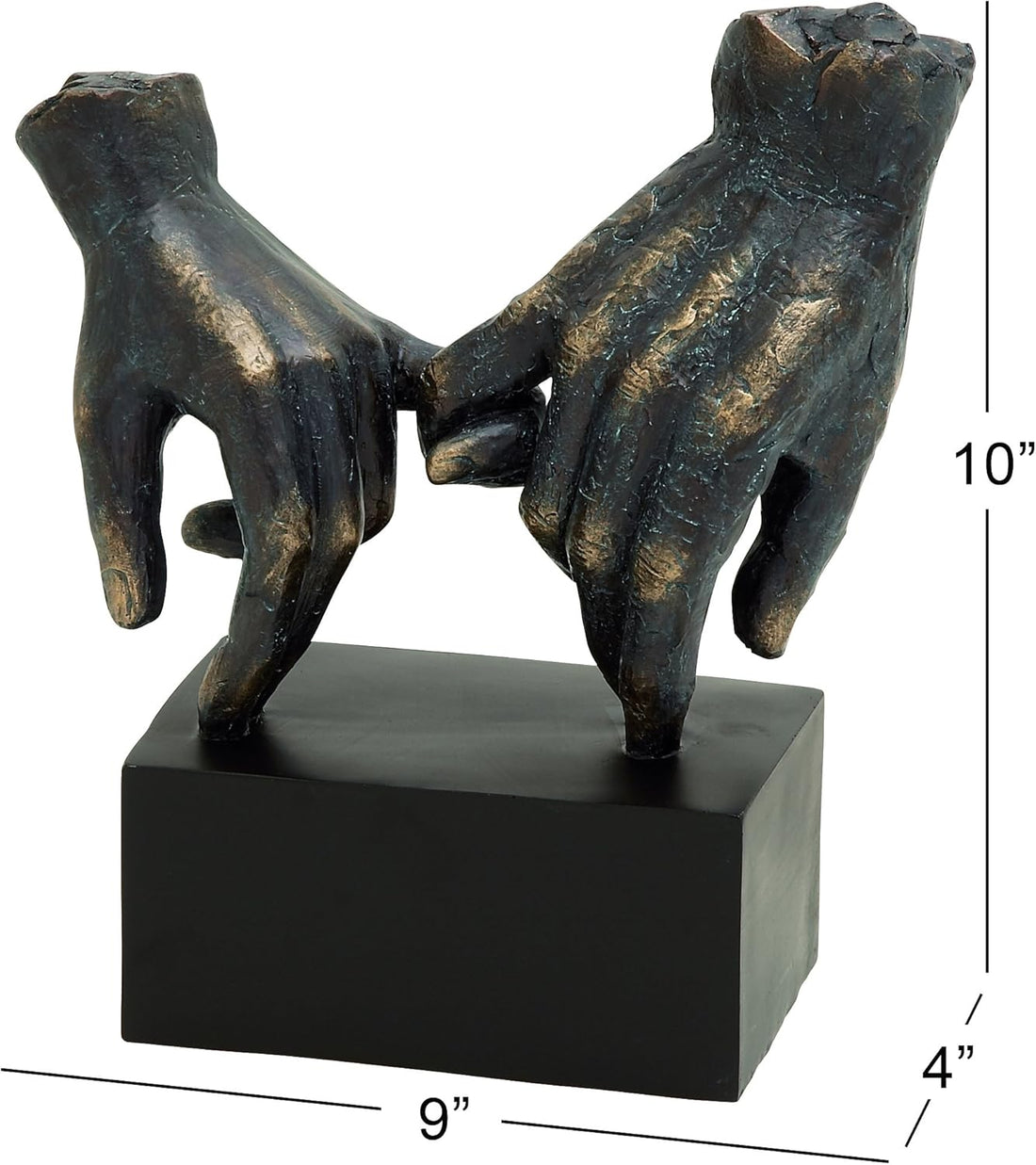 Deco 79 Polystone Hands Decorative Sculpture Weathered Patina Linked Home Decor Statue with Block Base and Gold Accents, Accent Figurine 9" x 4" x 10", Black