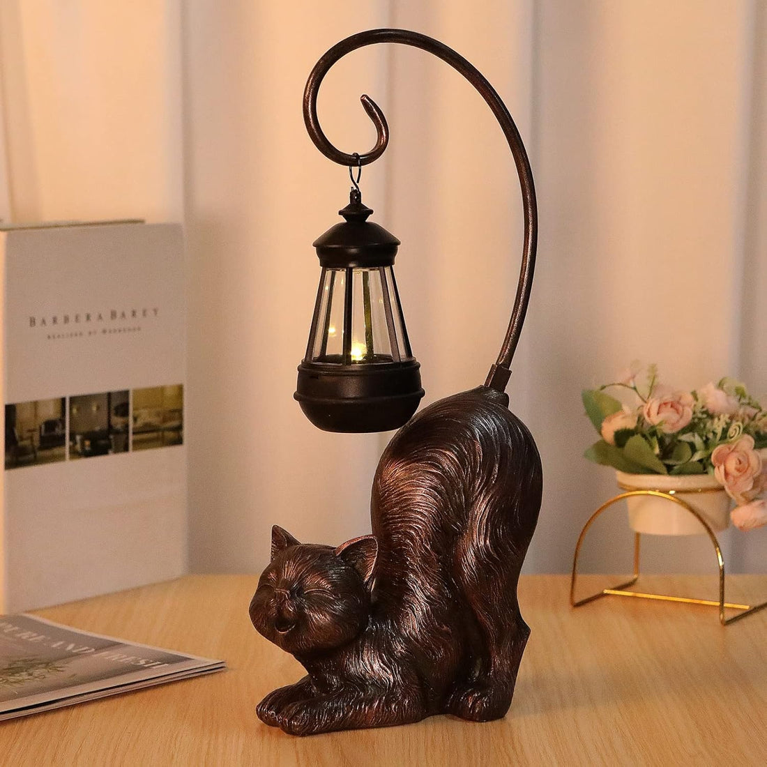 Laughing Cat Figurine with Solar-Powered LED Light, 15.7 Inches Tall Antique Bronze, Perfect for Gift Garden Decor or Housewarming for Cat Lovers.