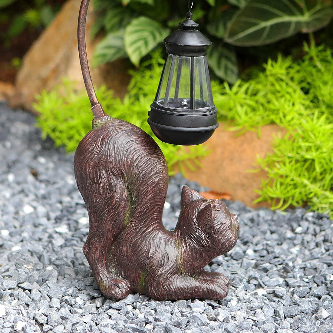 Laughing Cat Figurine with Solar-Powered LED Light, 15.7 Inches Tall Antique Bronze, Perfect for Gift Garden Decor or Housewarming for Cat Lovers.